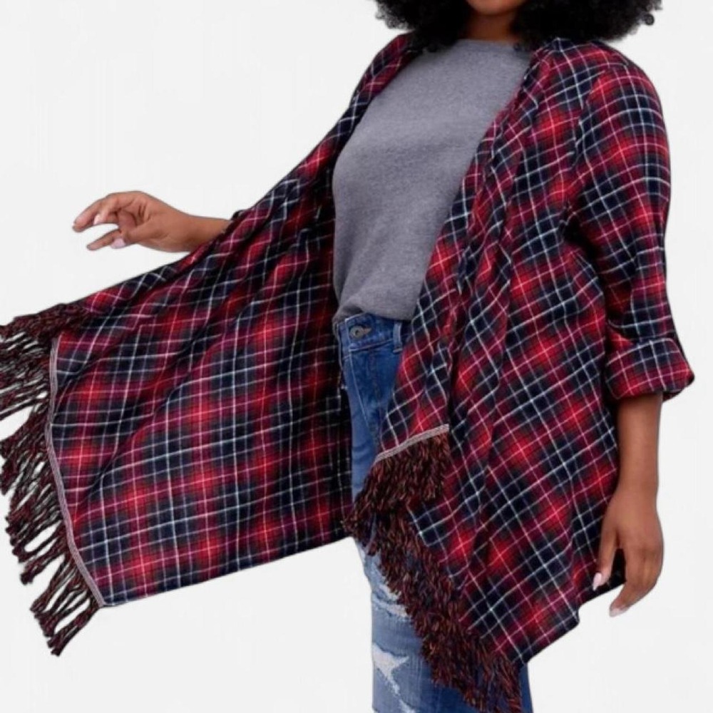 Torrid women's red plaid poncho fringe trim size 00 NWT